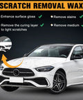 Image of a white car with scratches, demonstrating the effectiveness of 2 Pack Car Scratch Repair Kit With Paste And Wipe Sponge, Quick Car Scratch Remover For Dings And Scratches, DIY Auto Body Fix, Restores Shine On Vehicles Without Sanding.