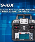 FS-i6X radio transmitter with dot matrix backlit LCD screen, part of the 6CH to 10CH Radio Transmitter With IA6B Receiver 2.4GHz AFHDS 2A RC Transmitter For FPV Racing Drones Mode 2 High Performance Controller.