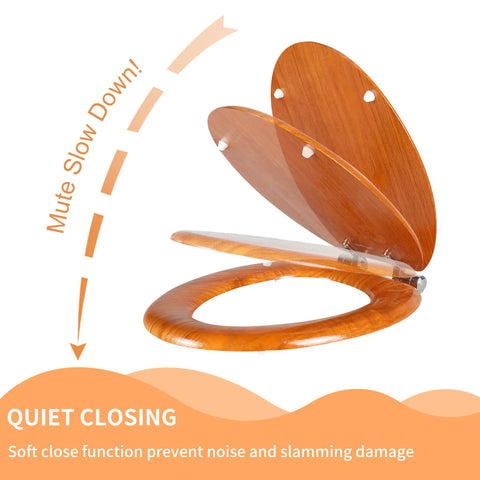 Wood Veneer Round Toilet Seat With Quiet Close Easy Clean Surface Quick Release Hinges Natural Finish Durable Comfy Easy Install Anti Slip Fits All American Toilet Brands with quiet closing feature