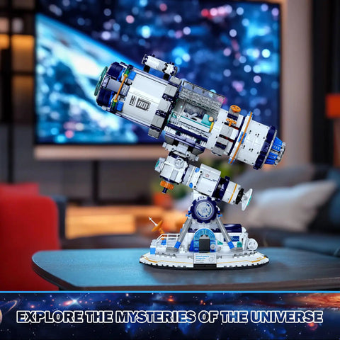 Space Telescope Building Set for Adults With Lights and Rotating Lens 995 Piece Kit for Space Lovers Cool Planet Exploration Toy Ideal Gift for Space Nerds and Curious Minds 14 Plus on table