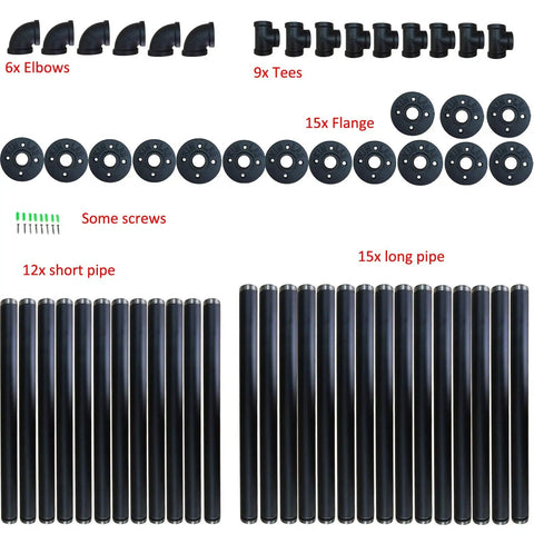 Industrial Wall Mount Pipe Shelves Kit 5 Tier Black Open Shelving Brackets components with pipes, elbows, tees, and flanges