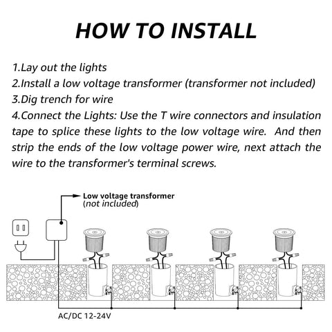 Installation guide for 12 Pack 7W LED Landscape Well Lights, 720LM, 12-24V AC/DC Low Voltage, CRI90, IP67 Waterproof Inground Outdoor Lights.