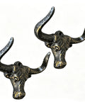 Indoor Outdoor Heavy Duty Cast Iron Wall Hooks Two Pack No Hassle Vintage Beard Design Super Secure Multi Purpose Coat Rack For Home Setup And Smart Storage Solutions, featuring bull head design with prominent horns.