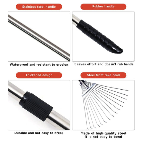 Details of Adjustable Metal Garden Rake With Telescoping Handle 32 To 63 Inch Dethatching And Leaf Collection Tool For Lawns Yards And Patios