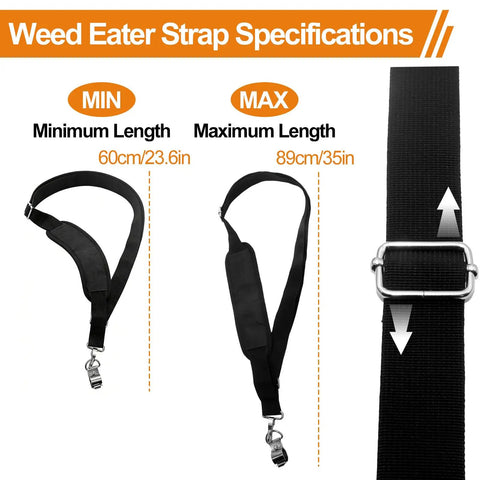Built Tough Shoulder Strap For Weed Trimmer And Leaf Blower Nylon Belt With Durable Metal Clip showing size specifications