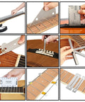 All In One Pro Guitar Setup And Repair Tool Kit with work mat, neck rest, fret leveling beam, straight edge, and feeler gauges in use.