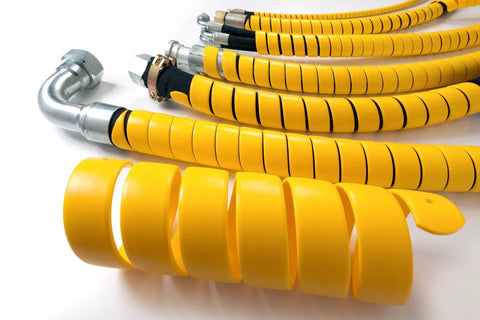 Safe-Spiral Pre-Cut Hose And Cable Protector Wrap Slick Spiral Shield - Yellow HDPE, 1 Inch OD, 25 Foot Pre-Cut Length shown on hoses
