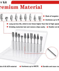 Hard Hitting Carbide Rotary Burr Kit With Tungsten Steel Double Cut Bits and Premium Aluminum Oxide Sanding Bands; 10 tungsten carbide burrs.