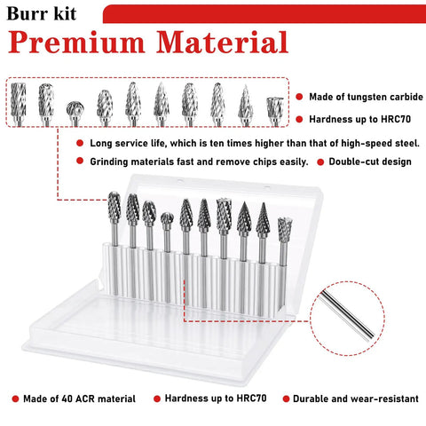 Hard Hitting Carbide Rotary Burr Kit With Tungsten Steel Double Cut Bits and Premium Aluminum Oxide Sanding Bands; 10 tungsten carbide burrs.