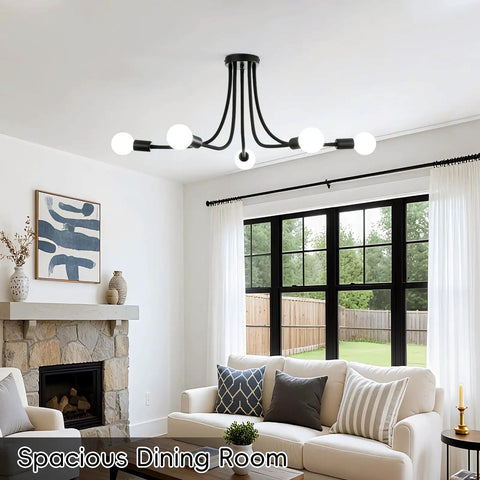 Spacious living room with Dope Five Light Modern Industrial Sputnik Ceiling Light With Adjustable Arms Black Metal Semi Flush Mount.