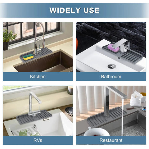 Silicone Sink Splash Guard Behind Faucet Drip Catcher Mat Keeps Counters Dry Countertop Saver shown in various settings