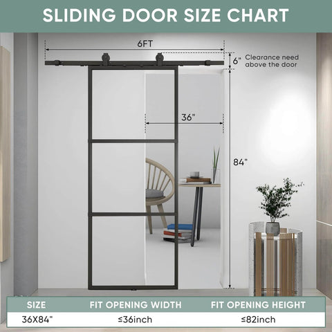Clear Tempered Glass Barn Door 36 Inch By 84 Inch With Carbon Steel Frame Pre Drilled Panel Sliding Door Kit With 6 Ft Hardware And Soft Close Easy To Install No Carpentry Needed shown with size chart
