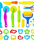 Front view of 28-piece kids dough and clay tool set with animal cutters, roller, scissors, and extruder in bright colors