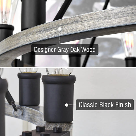 Close-up of Homestead 25 Inch Six Light Wagon Wheel Chandelier with gray oak wood and textured black accents.