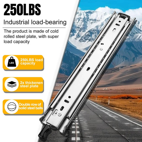 Heavy Duty Locking Drawer Slides 24 Inch Pair With Full Extension and Lock, 250 Lb Load Capacity, Soft Close, Side Mount Ball Bearing Rails, Industrial Grade Hardware for Durable Smooth Opening Drawers, 24-inch steel slide