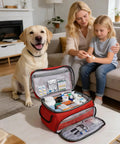 Red First Aid Bag Kit 12 By 9 By 7 Inches Grab And Go Portable Medical Emergency Organizer with open compartments displayed.