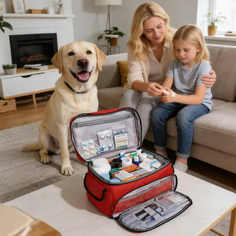 Red First Aid Bag Kit 12 By 9 By 7 Inches Grab And Go Portable Medical Emergency Organizer with open compartments displayed.