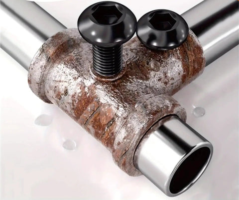 Close-up of hex bolts in a rusty pipe connection from All In One 1305 Piece Metric Screw And Nut Kit With 10.9 Grade Alloy Steel Bolts Nuts Washers