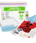 No Sweat Heavy Duty Biohazard Cleanup Kit For Blood And Vomit Fast Acting Solidifier 22 Piece First Response Kit accessories laid out.