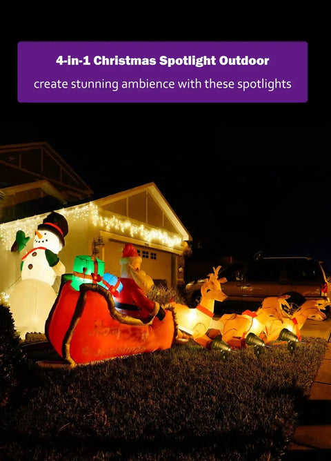 4 In 1 RGBW Low Voltage Landscape Lighting Kit With Plug In Transformer illuminating Christmas decorations at night.