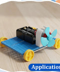 8 Set 157 Piece DC Motors Kit For DIY Projects on a wheeled base with propeller, AA battery holder, and wheels for robotics application.