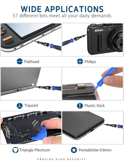 63 In 1 Precision Screwdriver Set With 57 Magnetic Driver Bits for electronics like camera, tablet, and smartphone repair