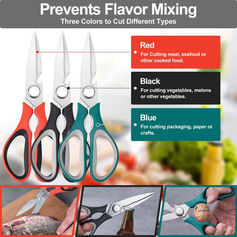 Three Pack Do It All Kitchen Scissors Set, Heavy Duty Stainless Steel Shears, Dishwasher Safe, Removable Blades For Cutting Meat Chicken Fish And Veggies, Multicolor Kitchen Utensils For Everyday Kitchen Hacks. Three-color stainless steel kitchen shears for meat, vegetables, and packaging.