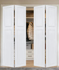 Premium Double Bifold Barn Door With Complete Hardware Kit And Smooth Glide Track For Closets Interior Walls And Room Dividers Built Tough With Heavy Duty Rollers No Fuss Setup, white finish, opened to reveal closet interior.