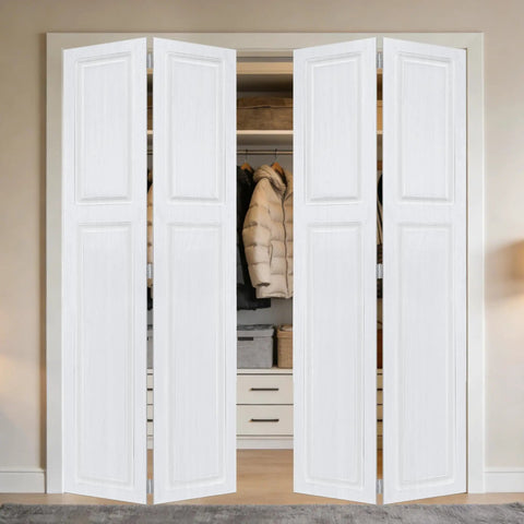 Premium Double Bifold Barn Door With Complete Hardware Kit And Smooth Glide Track For Closets Interior Walls And Room Dividers Built Tough With Heavy Duty Rollers No Fuss Setup, white finish, opened to reveal closet interior.