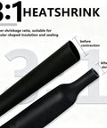 Grab This Awesome 195 Piece Heat Shrink Tube Kit With Adhesive Lining And 3:1 Scale For Serious DIY Pros Who Need Rock Solid Insulation, Seven Sizes Perfect For Wrapping Cables Every Way You Want The Black Sleeve Wrap That Totally Nails Your Wiring. black 3:1 heat shrink tube shown before and after shrinkage