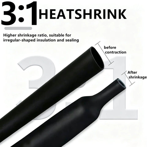 Grab This Awesome 195 Piece Heat Shrink Tube Kit With Adhesive Lining And 3:1 Scale For Serious DIY Pros Who Need Rock Solid Insulation, Seven Sizes Perfect For Wrapping Cables Every Way You Want The Black Sleeve Wrap That Totally Nails Your Wiring. black 3:1 heat shrink tube shown before and after shrinkage