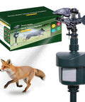 Rock Solid Motion Activated Yard Sprinkler With Adjustable 360 Spray Head deters a fox with automatic water spray in garden.