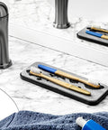 Drying Stone Sink Tray With Non Slip Base For Kitchen And Bathroom, Granite Look, with toothbrushes on marble countertop.