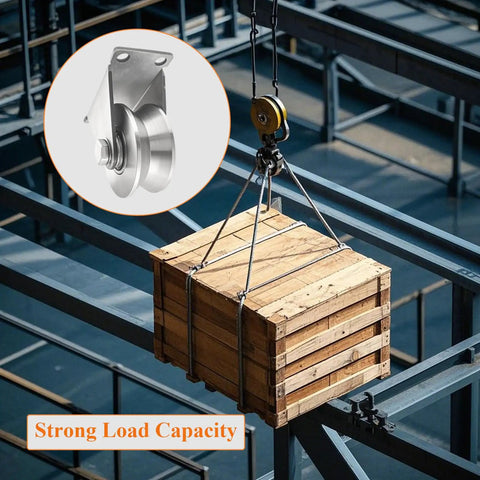 Hella Tough Stainless Steel V Groove Plate Casters With Double Ball Bearing Track Rollers For Heavy Duty Sliding Gates And Commercial Warehouses Rock Solid Construction Delivers Zero Hassle Smooth Gliding Action 4 Pack with lifted wooden crate.