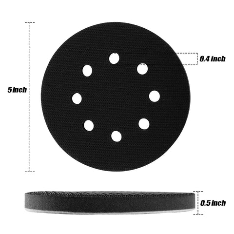 5 Inch 8 Hole Interface Pad For 5 Inch Orbital Sander With Hook And Loop Backing Soft Foam Cushion Buffing Pads Dust Busting Sanding Pad Pro Grade Pack Of 2, showing dimensions and 8-hole design