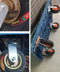 Close-up of Heavy Duty 6 Inch Pneumatic Caster Wheels 4 Pack Swivel Casters attached to a utility cart, showcasing steel base and orange tires.