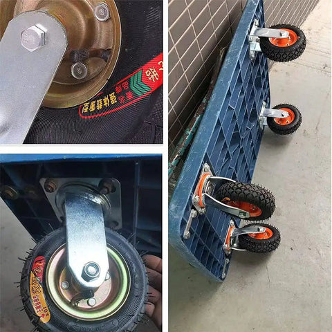 Detailed view of Tough As Nails Six Inch Heavy Duty Caster Wheels Four Pack Flat Free Puncture Proof Swivel Casters on a utility dolly.