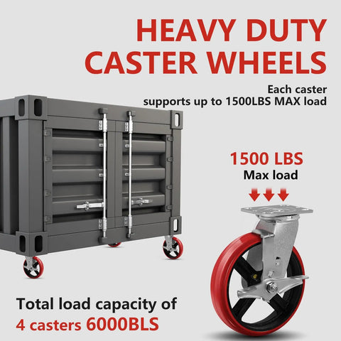 Heavy Duty 8X2 Inch Caster Wheels Set Of 4 With 6000Lb Capacity, Polyurethane Tread Crowned On Cast Iron Core, shown with platform truck