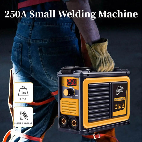 Person holding Beefy Portable 250A 110V Stick Welder With IGBT Digital LCD Display for home DIY projects