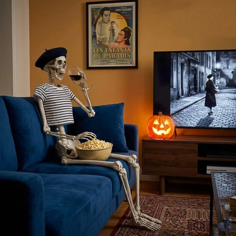 Life Size Skeleton Five Point Four Foot Poseable Full Body Halloween Prop With Movable Joints on couch watching TV indoors