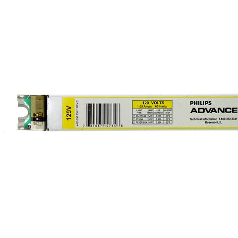 Powerline REZ-2S54 Two Lamp Fluorescent Ballast For 54W CFLs 120V showing label and electrical specifications