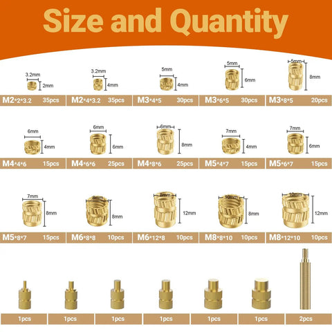 Size and quantity chart of All In One Heat Set Threaded Inserts Kit With 300Pcs M2 M3 M4 M5 M6 M8 Inserts 100W Digital Soldering Iron Stand And Tweezers Great For 3D Printer Parts And Plastic Projects