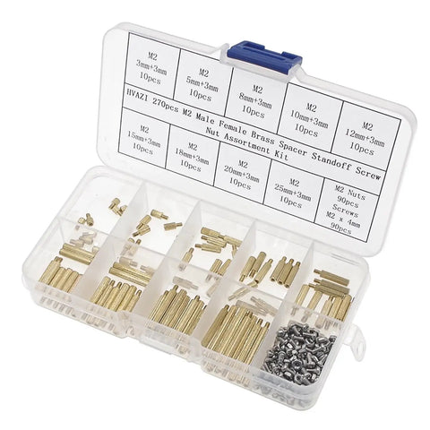 Rad M2 Brass Knurled Standoff Assortment Kit With Tough As Nails Round Spacers And Stainless Steel Screws And Nuts For Pro Tech Builds And Awesome 270Pc Diy Fixes in a clear storage case.