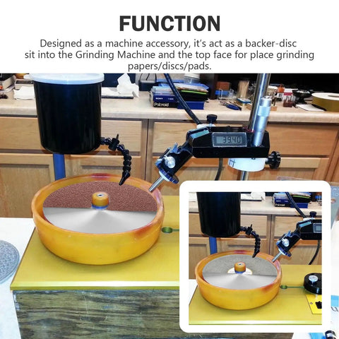 6 Inch Aluminum Master Lap Rock Solid Backing Plate With Half Inch Arbor in grinding machine setup for lapidary work.