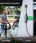 Man holding Tesla Level 2 EV Charger 9.6 kW 40A 240V with NEMA 14-50 plug near car trunk, home garage installation visible