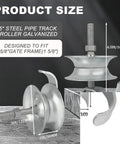 Two Pack Sliding Gate Rollers With Five Inch Steel Wheel For One And Five Eighths Inch Pipe Track Gate Hardware Kit Galvanized And Hot Dipped For Long Lasting Durability Featuring Heavy Duty Pressed Steel Construction For Smooth Operation Outdoors, showing galvanized 5-inch steel wheel and dimensions.