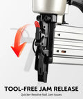 Built Different 2 In 1 Pneumatic Brad Nailer And Narrow Crown Staple Gun Kit showing tool-free jam release mechanism for quick fixes.