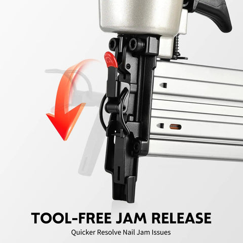 Built Different 2 In 1 Pneumatic Brad Nailer And Narrow Crown Staple Gun Kit showing tool-free jam release mechanism for quick fixes.
