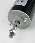 Close-up of Beefy 30W Permanent Magnet DC Motor CH 3420 24V 7000 RPM Reversible CW CCW showing shaft and metal construction.