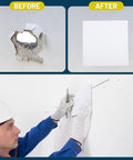 Before and after using Top Shelf Six Pack White Ceiling Cover Plates 12 Inch Wall Hole Covers during drywall patching.